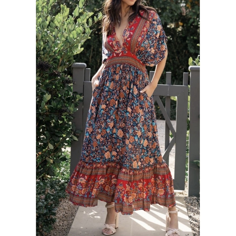 Baltic Born Maxi Dress Boho Women Floral Print V-Neck Flutter Sleeve XL Navy Red